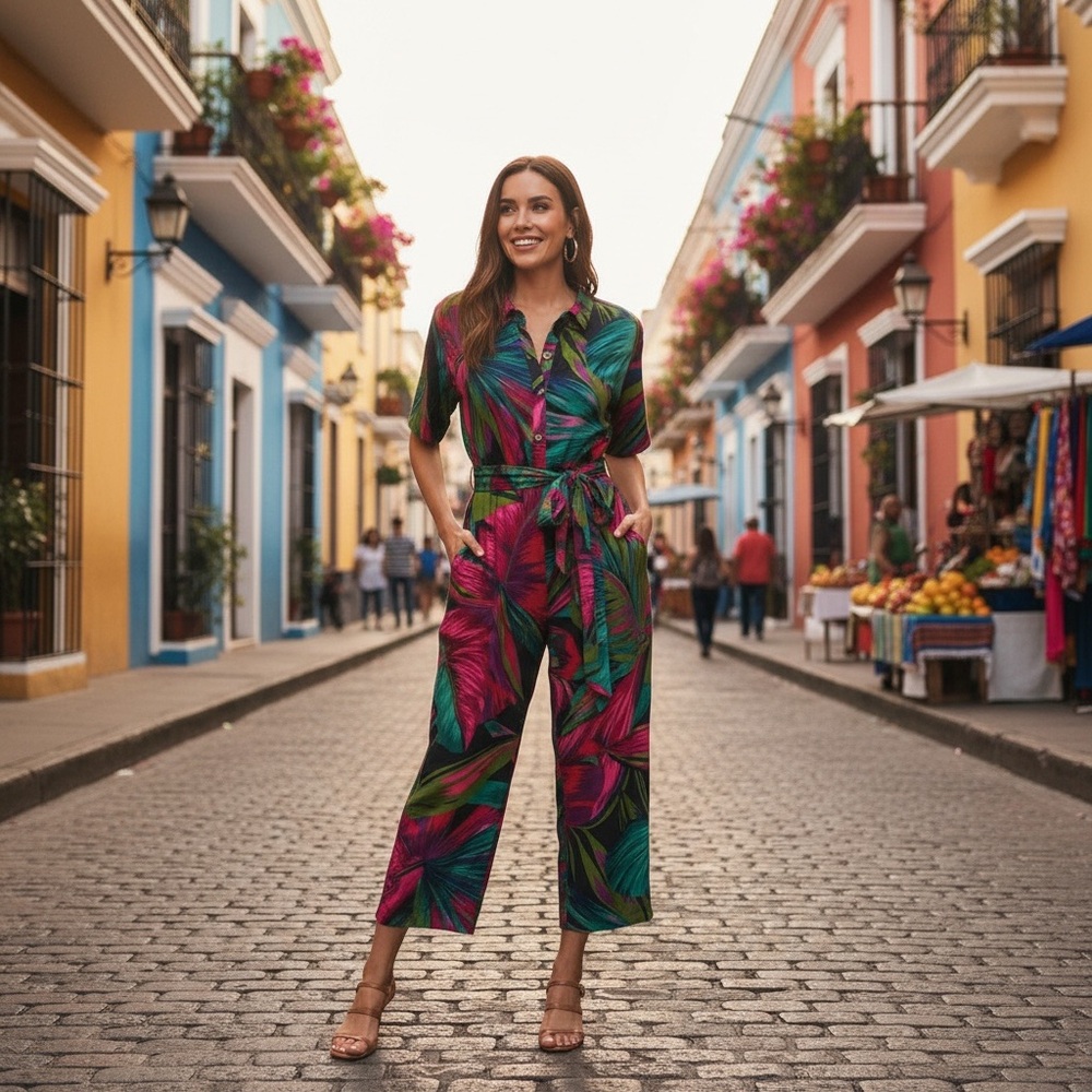 🌿 Farm Rio | “Midnight Leaves” Jumpsuit | Multi | Size M